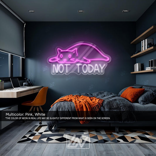 Not Today Lazy Cat - LED Neon Sign, Cute LED Wall Light for Cat Lovers, Funny Bedroom or Office Decor, Relax Mood Aesthetic Neon Art