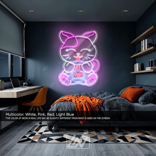 Boba Cat Neon Sign LED Light, Cute Kawaii Cat Drinking Bubble Tea Wall Art, Fun Aesthetic Decor for Café, Bedroom or Game Room
