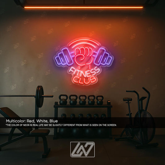 Fitness Club LED Neon Sign Wall Light, Powerful Dumbbell and Fist Design for Gym, Workout Studio or Home Fitness Motivation Decor
