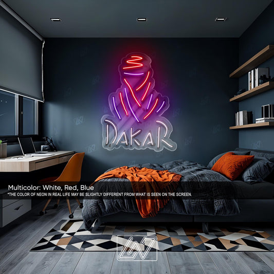 Dakar LED Neon Sign with UV Print, Off-Road Rally Wall Art for Garage, Motorsport Shop or Man Cave, Bold Adventure Racing Decor
