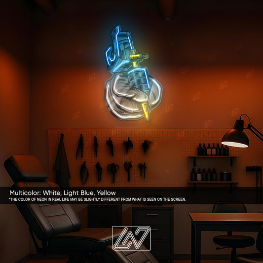 Tattoo Machine LED Neon Sign Wall Art, Bold UV Print Ink Gun Design for Tattoo Studio, Parlor or Artist Workspace Decoration