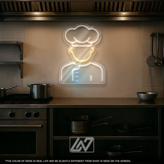 Chef Neon Sign – LED Wall Light Featuring Cook Icon with Hat – Ideal for Restaurants, Home Kitchens, or Culinary Studios