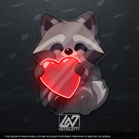 Raccoon with Heart Neon Sign - LED wall decor featuring a cute raccoon hugging a heart, perfect for kids rooms, gift shops or cozy spaces