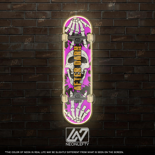Skull Skateboard - LED Neon Sign with skeleton hands and skull theme, perfect for skate shops, teen rooms, game zones or alt-style spaces