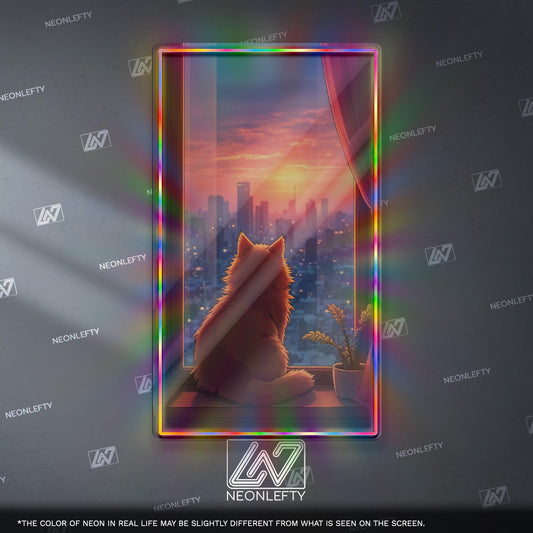 Cat Sunset Neon Sign - Cozy aesthetic cat wall decor with city view and sunset vibes, perfect for bedroom, living room, office