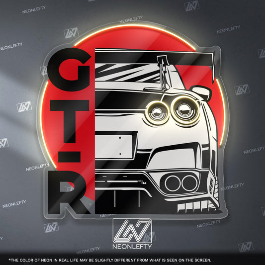Nissan GT-R Neon Sign - JDM wall art featuring rear view of iconic supercar, perfect for garage, man cave, tuner studio or car lover space