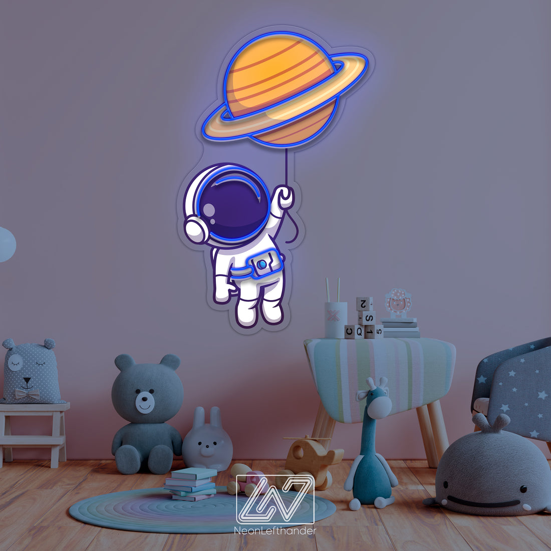 Cute Astronaut Floating with Planet Balloon in Space