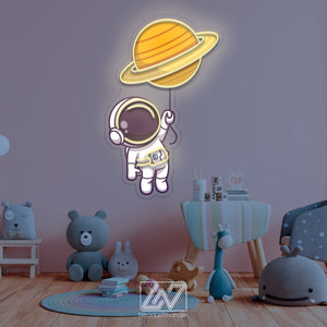 Cute Astronaut Floating with Planet Balloon in Space