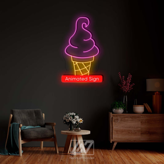 Ice Cream  - LED Neon Sign, Animated Neon Sign, Ice Cream Neon Sign,  Ice Cream Cone Neon Sign, Neon Sign for Ice Cream Shop