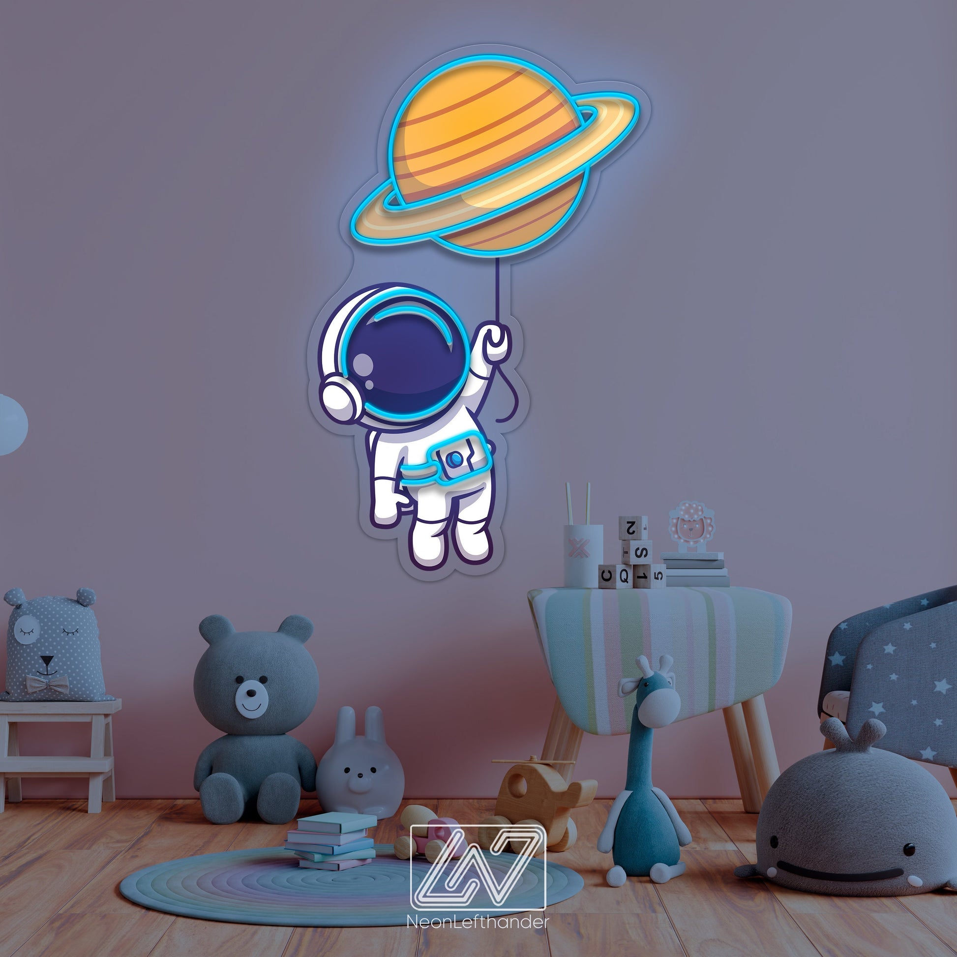 Cute Astronaut Floating with Planet Balloon in Space - Decor for a Child's Room.Neon Sign for Playful Minds.Children's paradise comes alive!