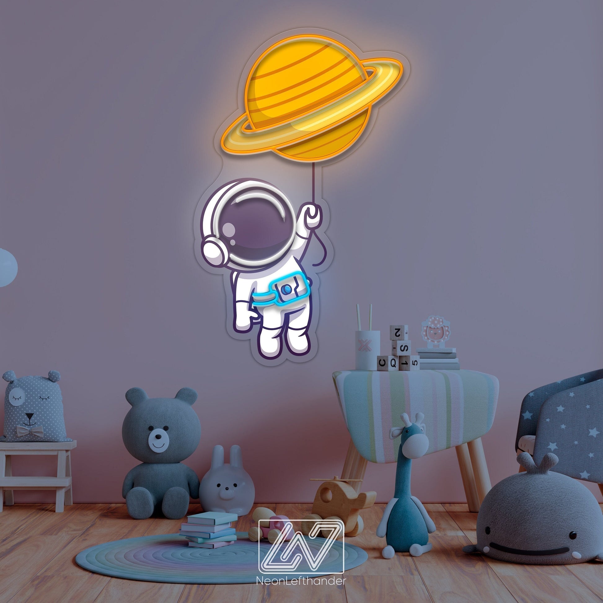 Cute Astronaut Floating with Planet Balloon in Space - Decor for a Child's Room.Neon Sign for Playful Minds.Children's paradise comes alive!