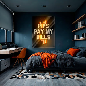 Pips Pay My Bills - LED Neon Sign with UV Print, Trader Bedroom neon sign, Crypto neon sign, Trading Neon, Crypto & Financial Stock Exchange