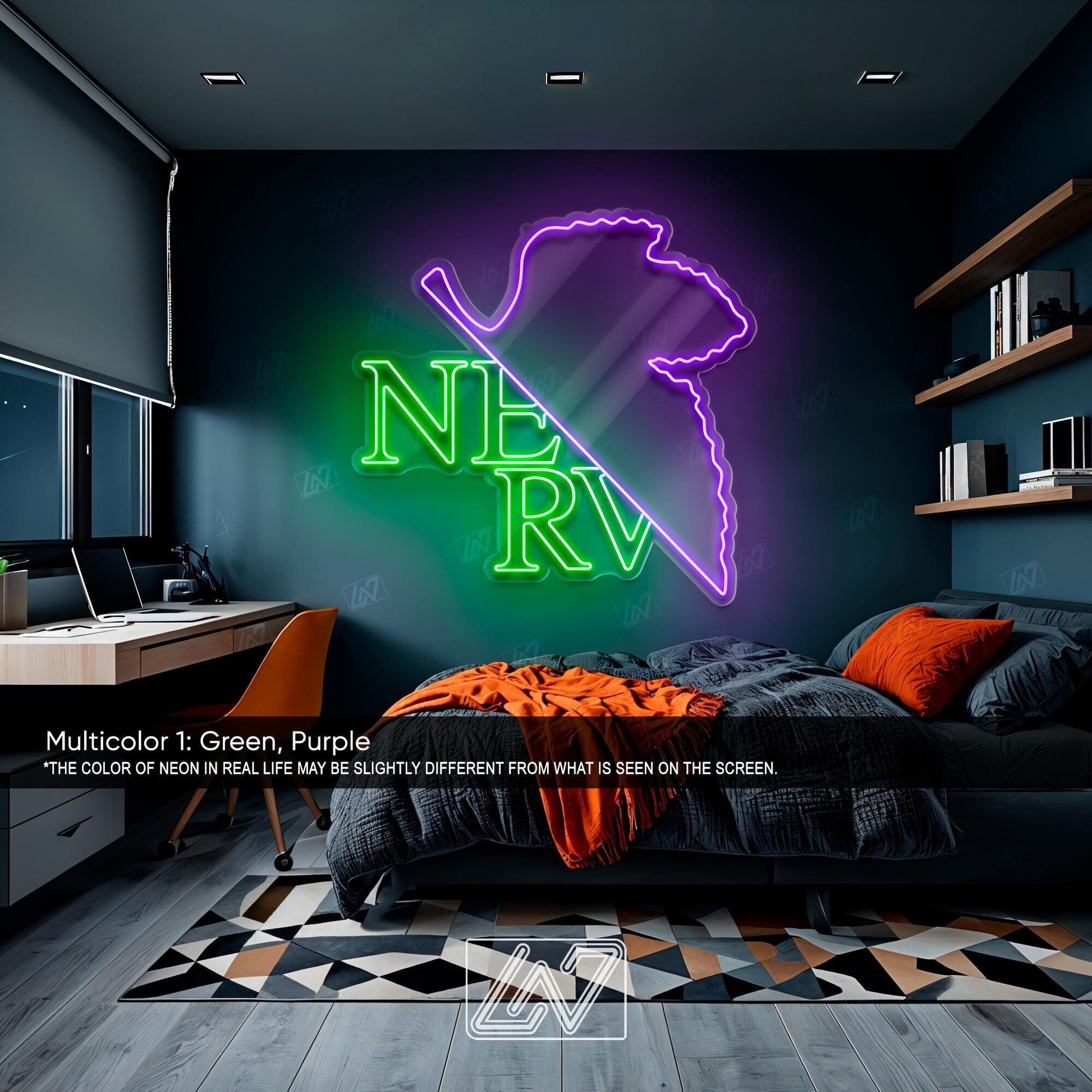NERV Logo neon sign in green and purple, ideal for anime fans and stylish room decor.