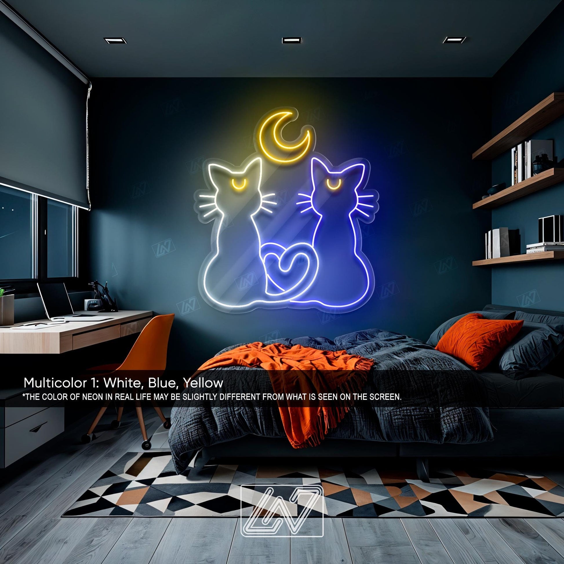 Luna and Artemis Crystal neon sign featuring two cats and a crescent moon. Perfect for cat lovers.