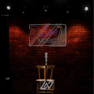 Live Music Neon Sign with Microphone and Saxophone, LED Wall Light for Bars, Music Venues, Jazz Clubs, Stage or Home Studio Decor