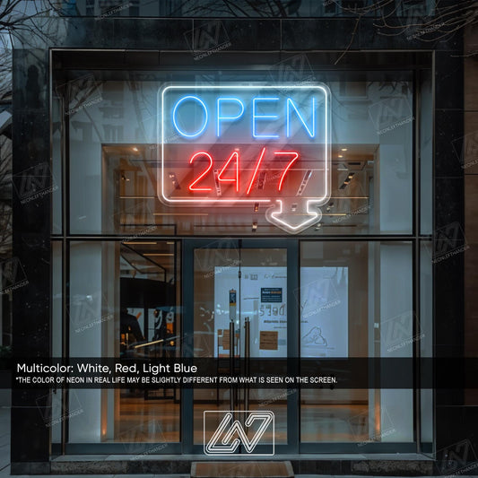 Open 24/7 - LED Neon Light, Bright Business Storefront Sign, Shop Window Neon Display, Barber Cafe Bar LED Sign,Eye-Catching Open Light