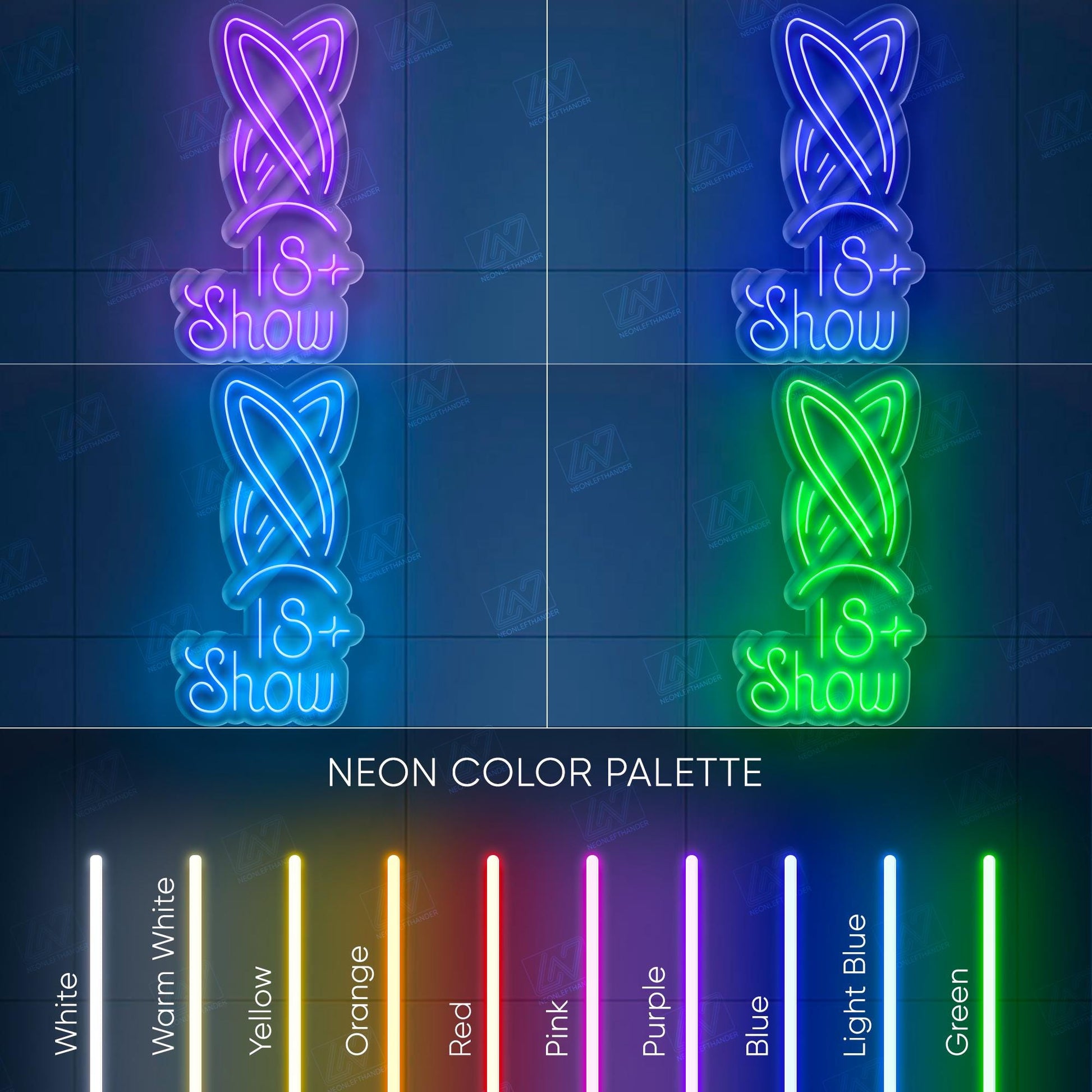 18+ Show Neon Sign – Pink & White LED Bunny Ears Light for Adults-Only Events, Boudoir Decor, or Club Wall Art – Risqué Neon Room Sign