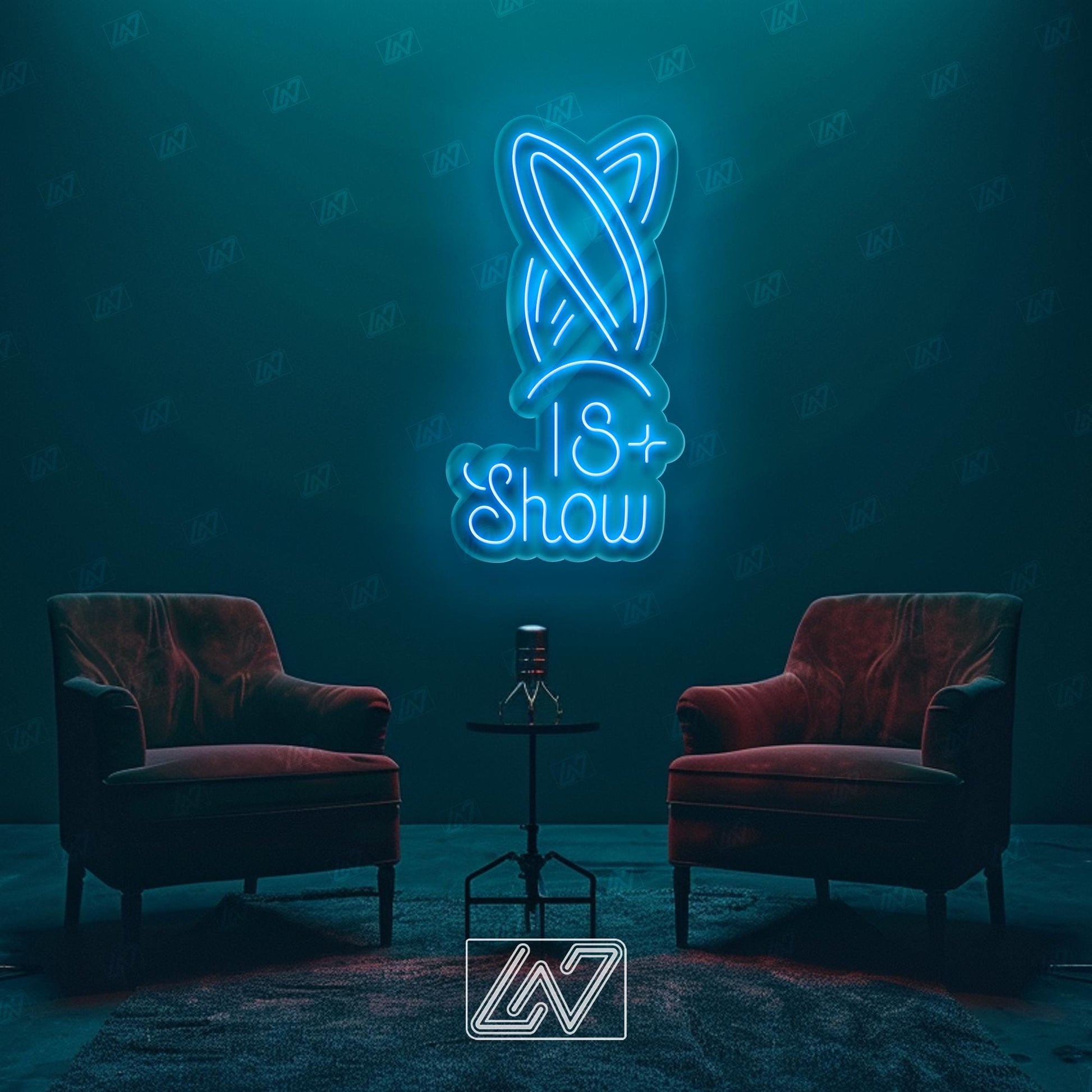 18+ Show Neon Sign – Pink & White LED Bunny Ears Light for Adults-Only Events, Boudoir Decor, or Club Wall Art – Risqué Neon Room Sign