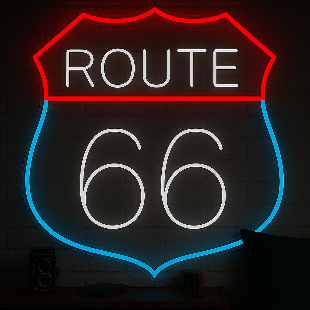 Route 66 LED Neon Sign with UV Print, Vintage Highway Wall Art for Garage, Bar, Man Cave or Retro American Road Trip Decor