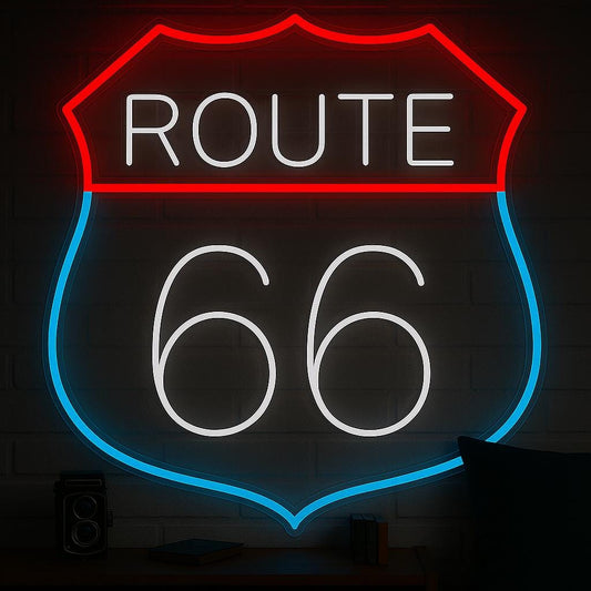 Route 66 LED Neon Sign with UV Print, Vintage Highway Wall Art for Garage, Bar, Man Cave or Retro American Road Trip Decor