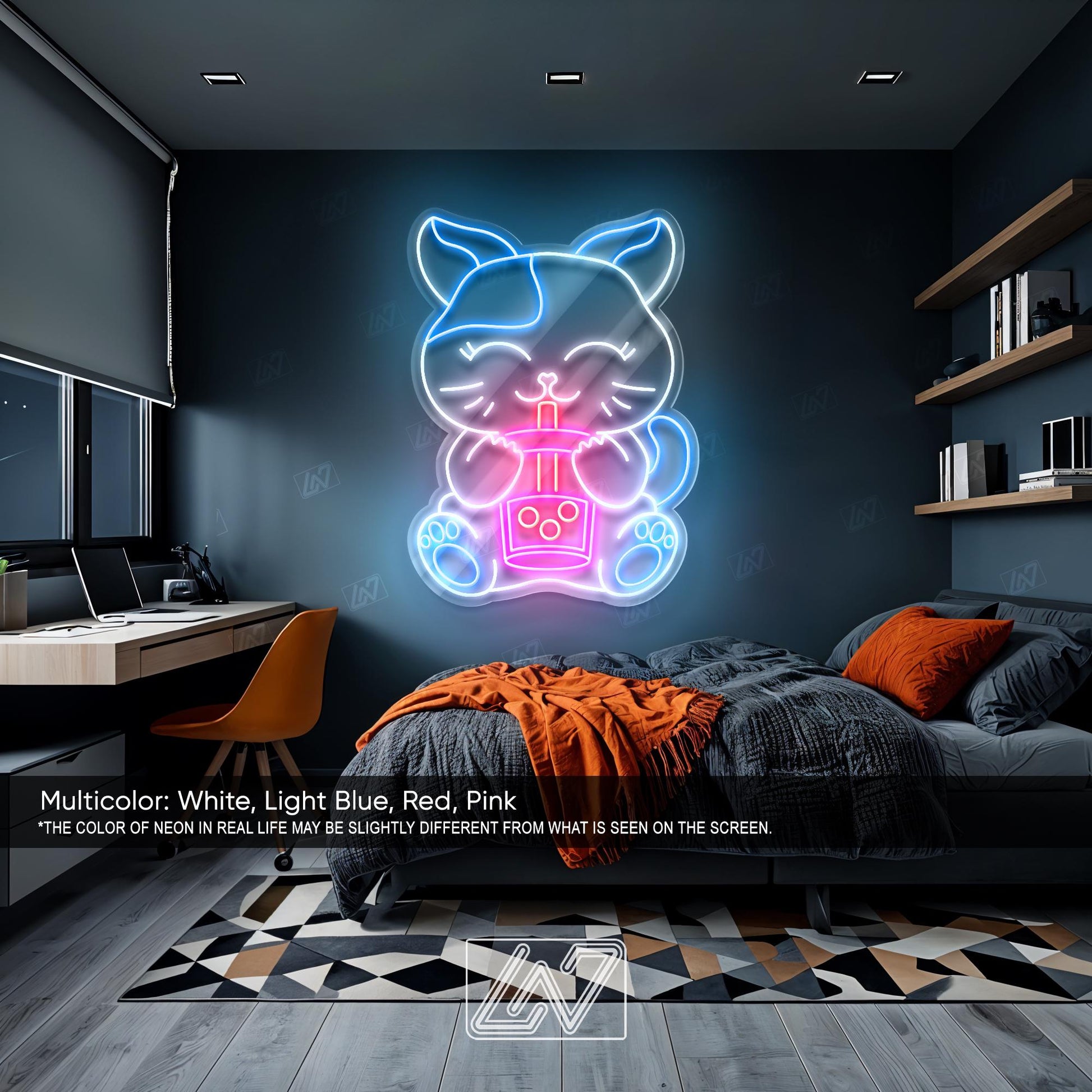 Boba Cat Neon Sign LED Light, Cute Kawaii Cat Drinking Bubble Tea Wall Art, Fun Aesthetic Decor for Café, Bedroom or Game Room
