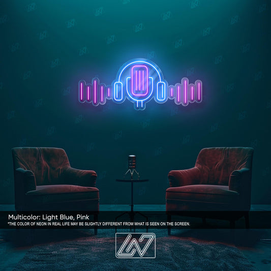 Podcast LED Neon Sign Wall Light, Modern Microphone and Headphones Decor for Studio, Streaming Setup or Content Creator Room