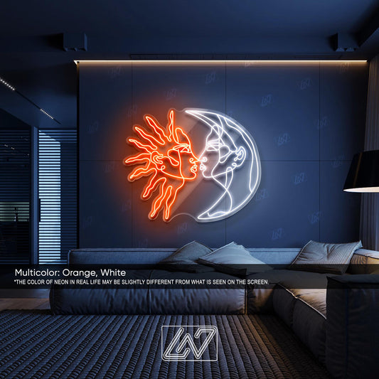 Sun and Moon LED Neon Sign Wall Light, Celestial Line Art Decor for Bedroom, Boho Space or Spiritual Room, Yin Yang Cosmic Love