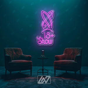 18+ Show Neon Sign – Pink & White LED Bunny Ears Light for Adults-Only Events, Boudoir Decor, or Club Wall Art – Risqué Neon Room Sign
