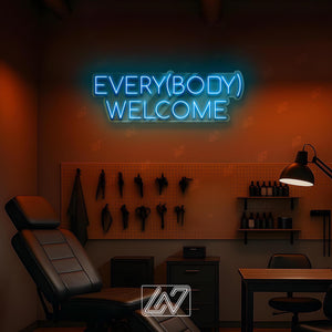 Every(body) Welcome Neon Sign LED Light, Inclusive Tattoo Studio Wall Decor, Body Positivity Sign for Ink Parlor or Creative Space