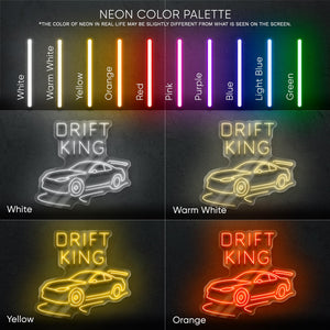 Drift King LED Neon Sign – Wall Light with Car Design for Garage, Man Cave or Racing Room, Perfect Gift for Drift Fans and Car Enthusiasts