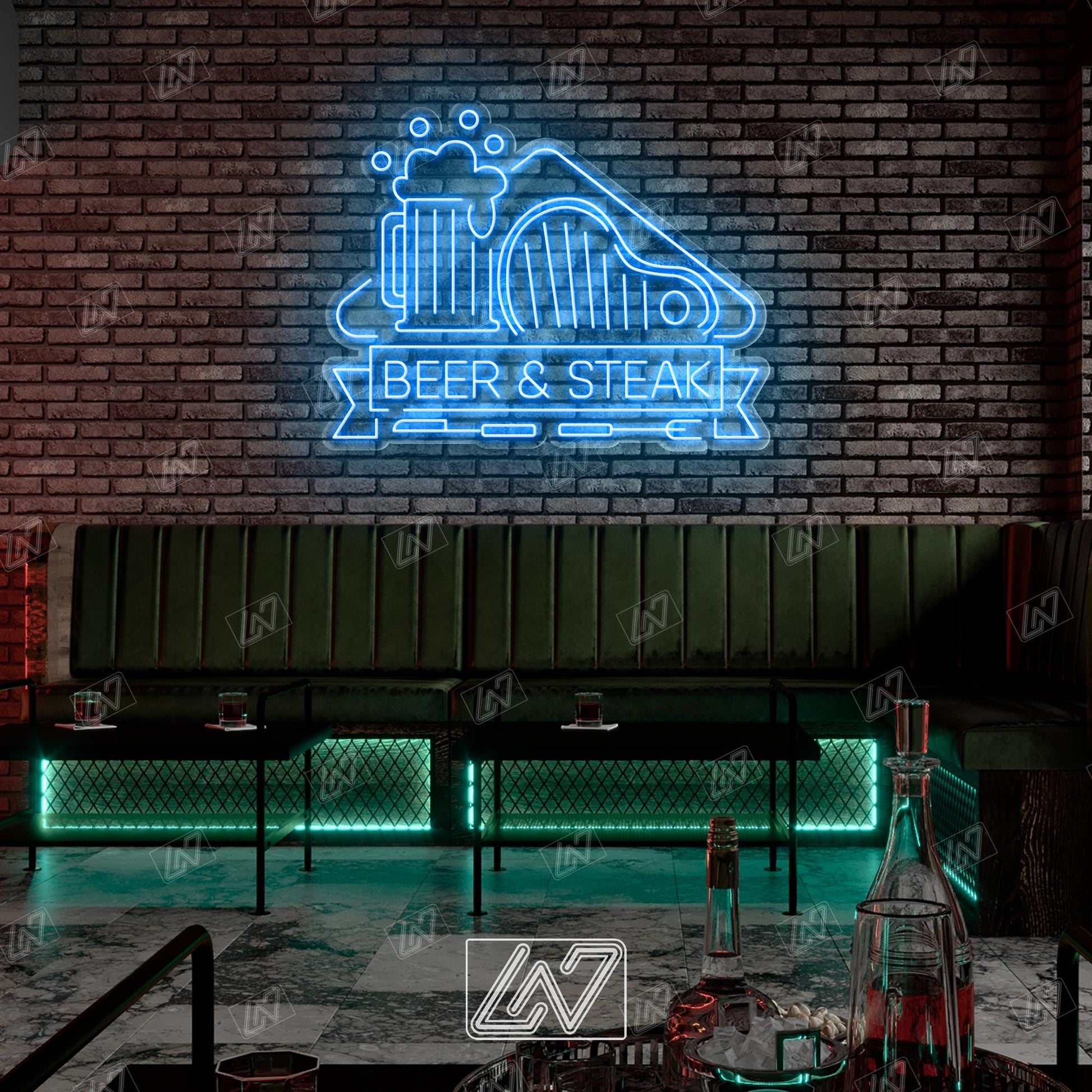 Beer & Steak LED Neon Sign Wall Light, Bold Bar and Grill Decor for Kitchen, Man Cave, Pub or Restaurant, Meat and Drink Lovers Art
