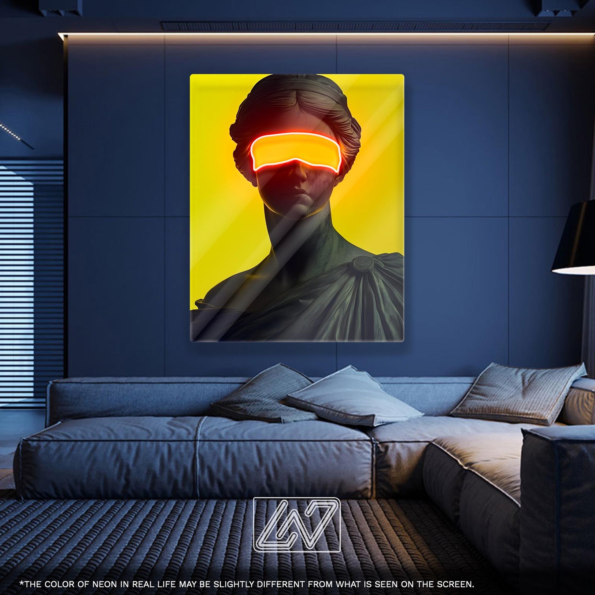 Greek Goddess Neon Sign - Futuristic Bust with Yellow Visor, Bold Modern Wall Art for Home, Studio or Creative Space