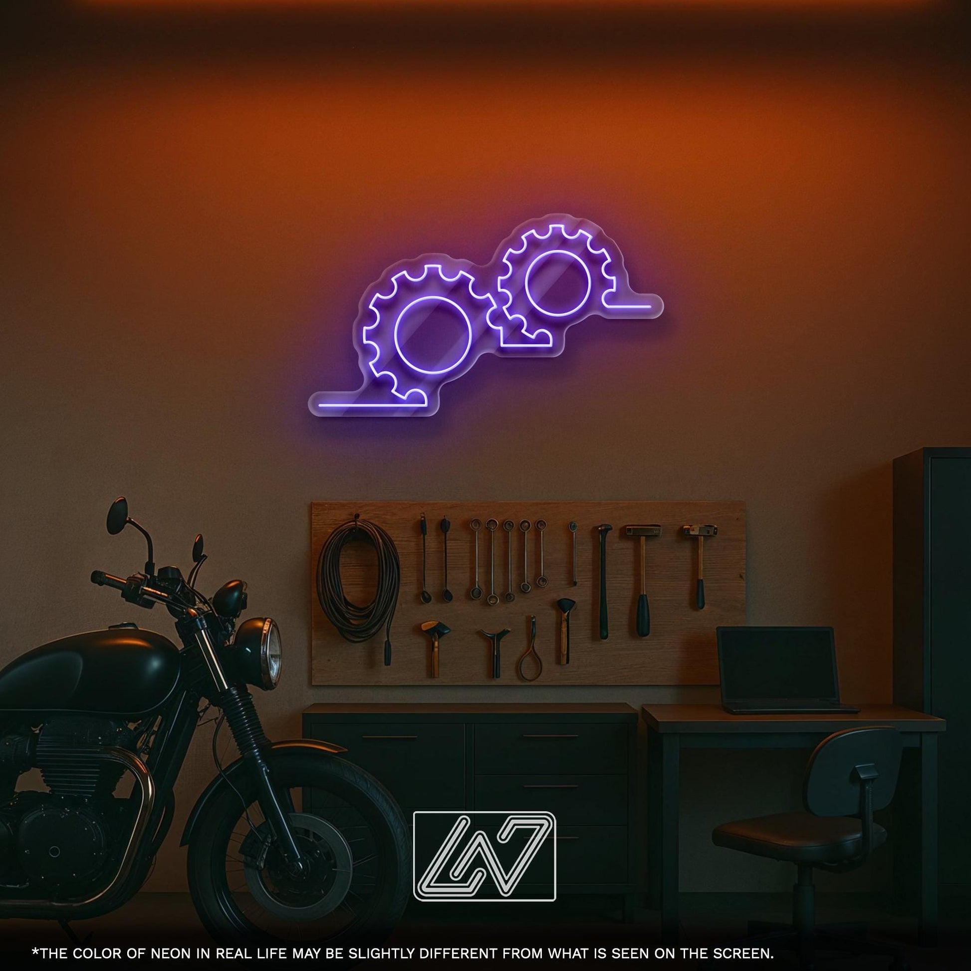 Line Gears Symbols LED Neon Sign for Workshop Decor, Industrial Wall Light, Steampunk Theme Lighting for Garage, Office or Man Cave