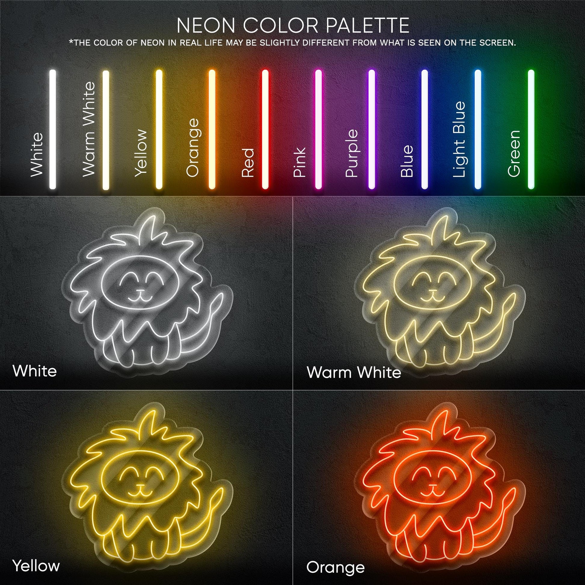 Cute Lion LED Neon Sign – Yellow Animal Light Decor for Kids Room, Baby Nursery, Jungle Party or Safari-Themed Interior