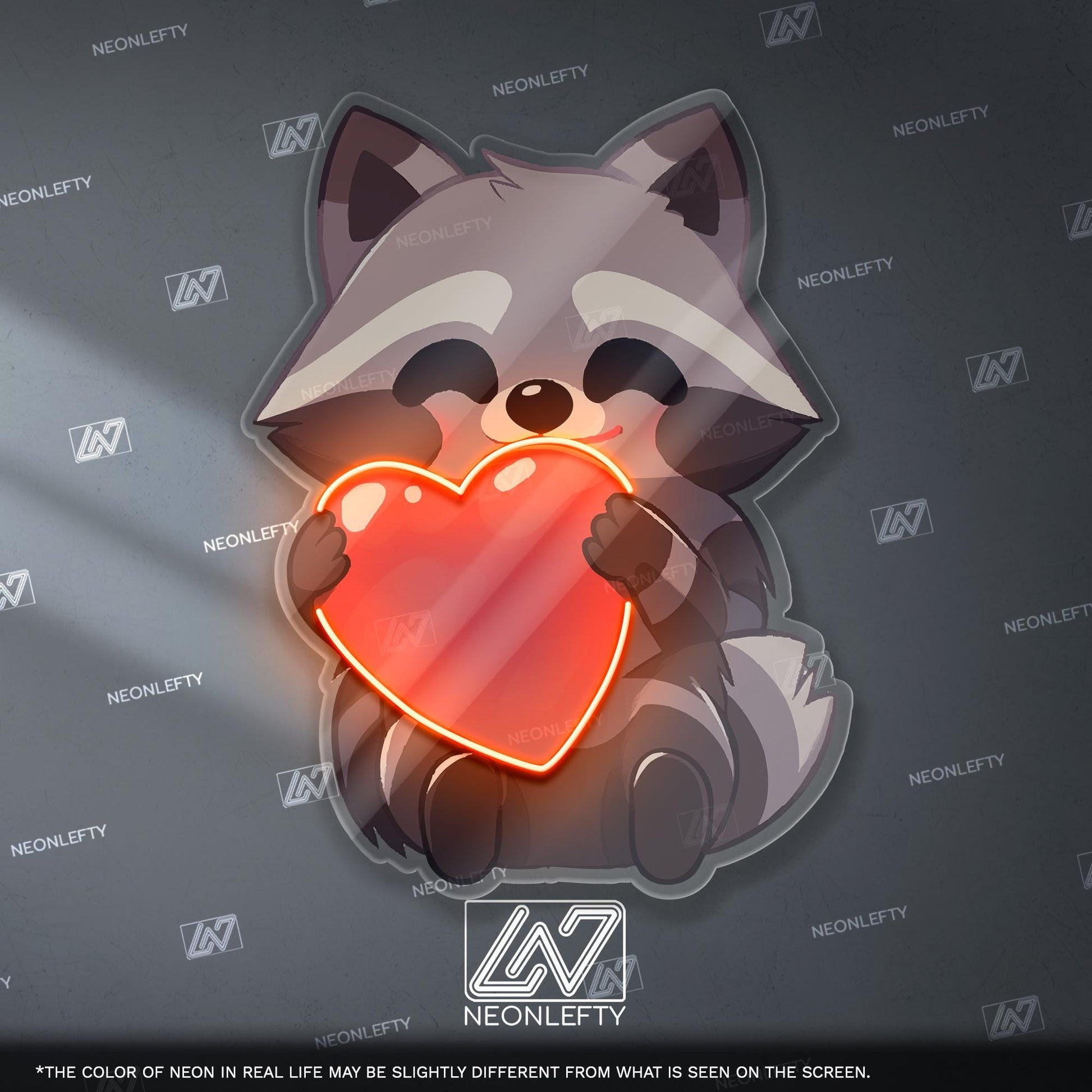 Raccoon with Heart Neon Sign - LED wall decor featuring a cute raccoon hugging a heart, perfect for kids rooms, gift shops or cozy spaces