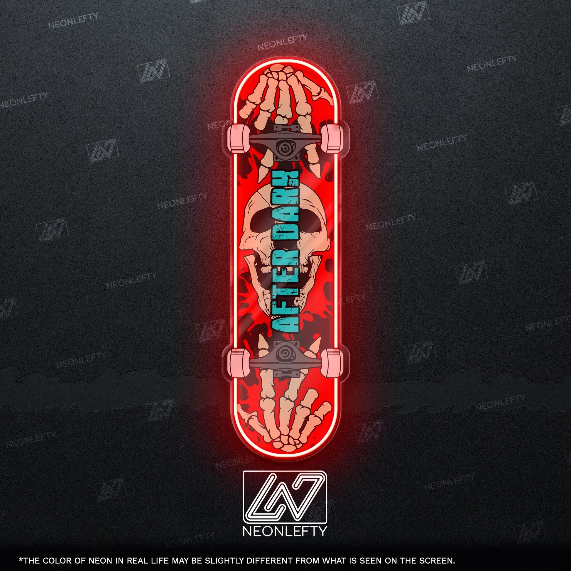 Skull Skateboard - LED Neon Sign with skeleton hands and skull theme, perfect for skate shops, teen rooms, game zones or alt-style spaces