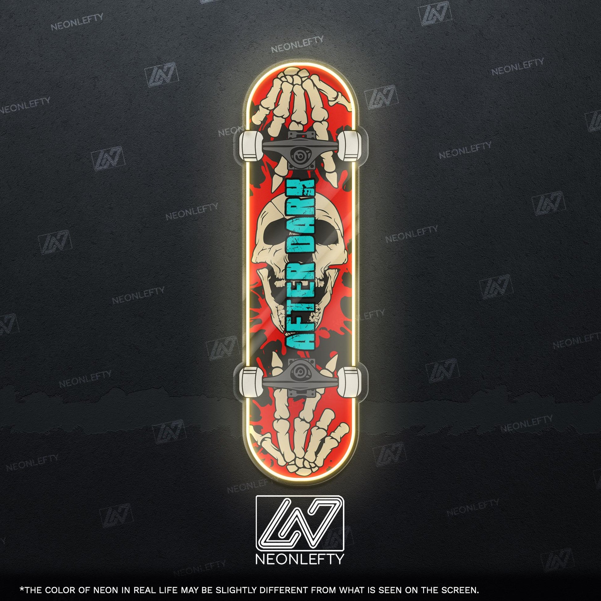Skull Skateboard - LED Neon Sign with skeleton hands and skull theme, perfect for skate shops, teen rooms, game zones or alt-style spaces