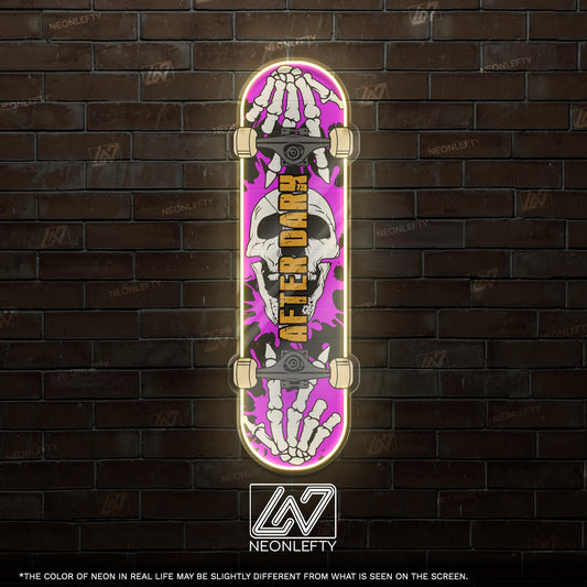 Skull Skateboard - LED Neon Sign with skeleton hands and skull theme, perfect for skate shops, teen rooms, game zones or alt-style spaces