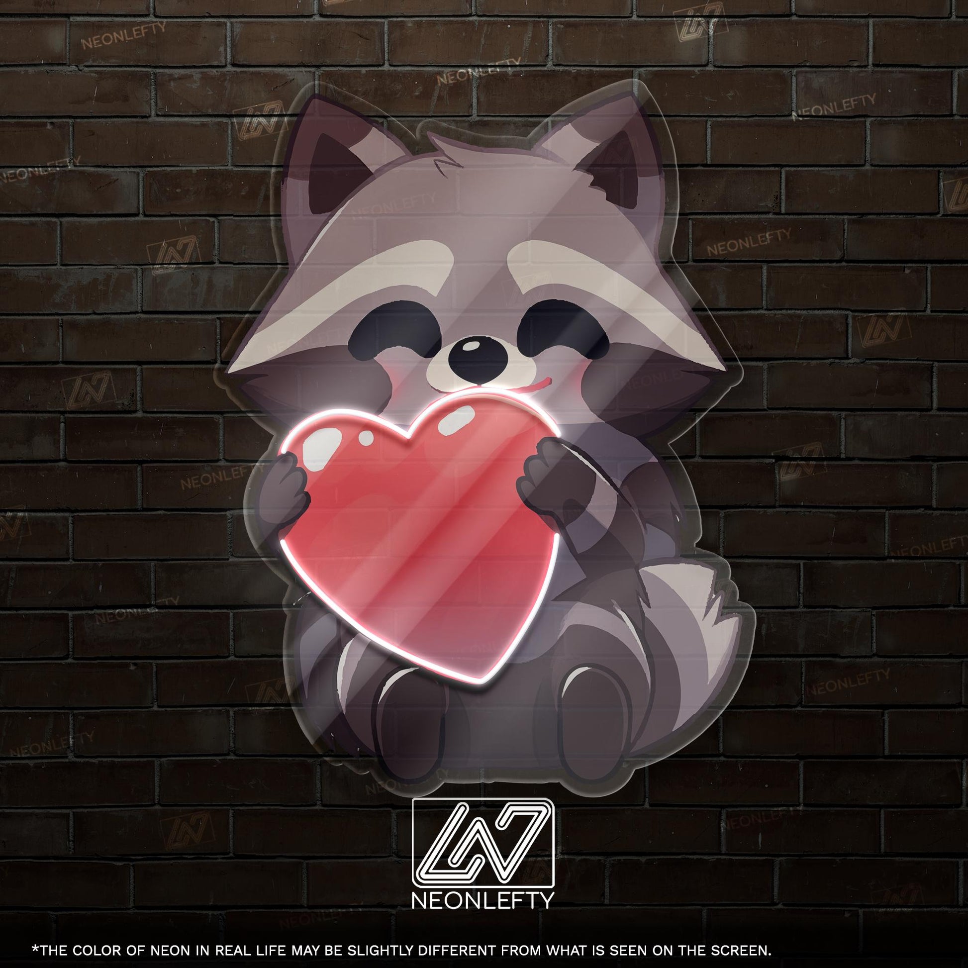 Raccoon with Heart Neon Sign - LED wall decor featuring a cute raccoon hugging a heart, perfect for kids rooms, gift shops or cozy spaces