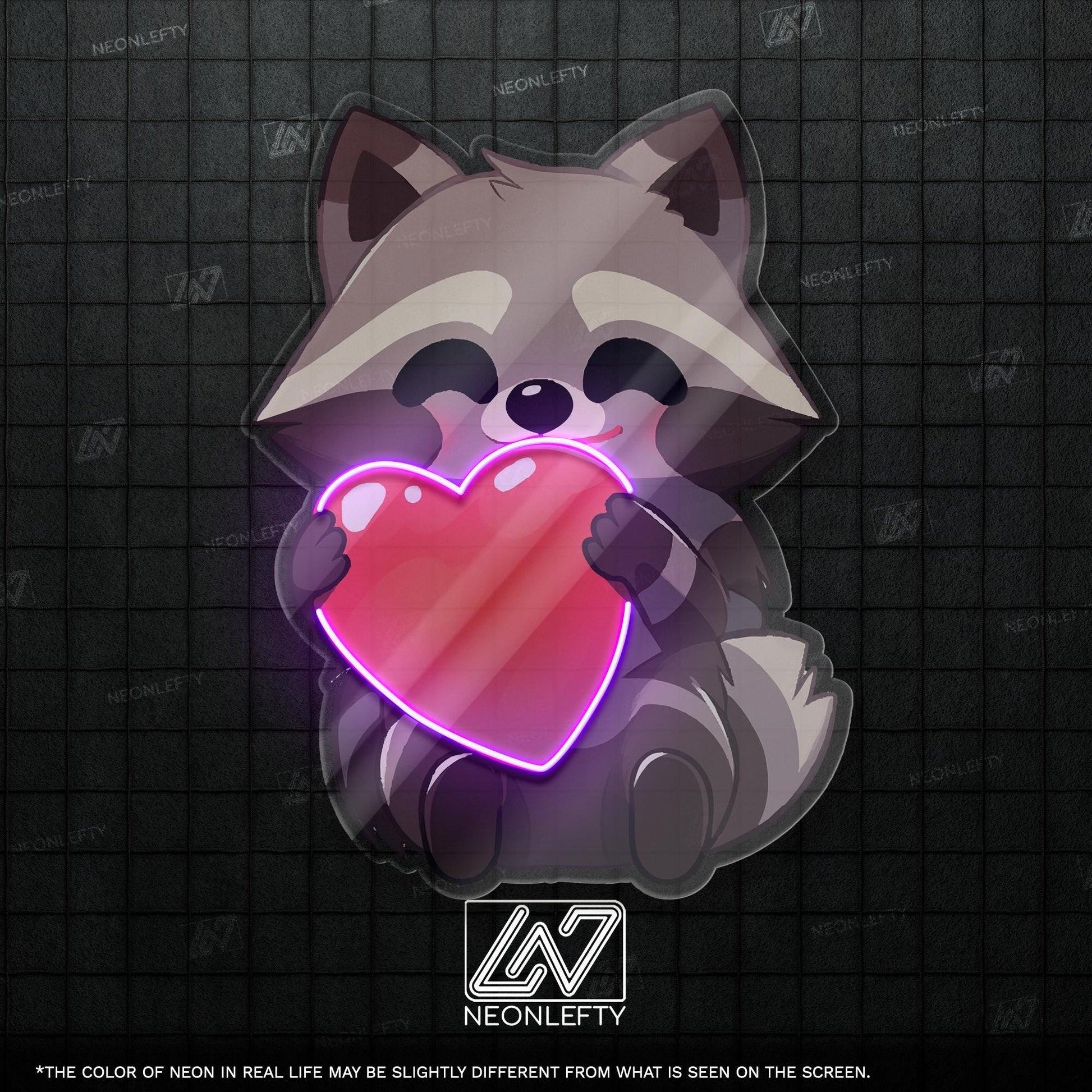 Raccoon with Heart Neon Sign - LED wall decor featuring a cute raccoon hugging a heart, perfect for kids rooms, gift shops or cozy spaces