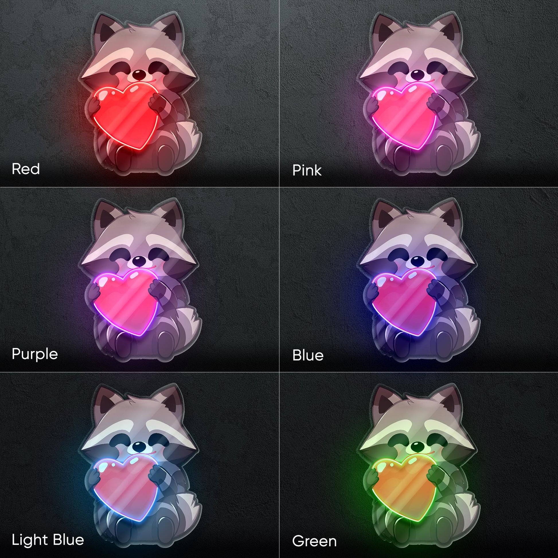 Raccoon with Heart Neon Sign - LED wall decor featuring a cute raccoon hugging a heart, perfect for kids rooms, gift shops or cozy spaces