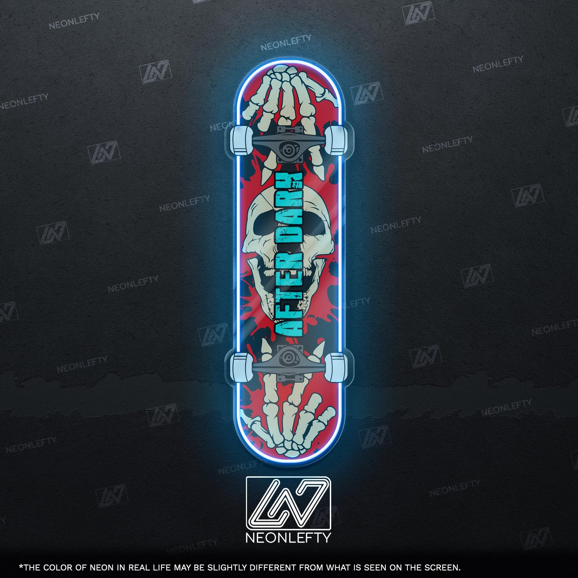 Skull Skateboard - LED Neon Sign with skeleton hands and skull theme, perfect for skate shops, teen rooms, game zones or alt-style spaces