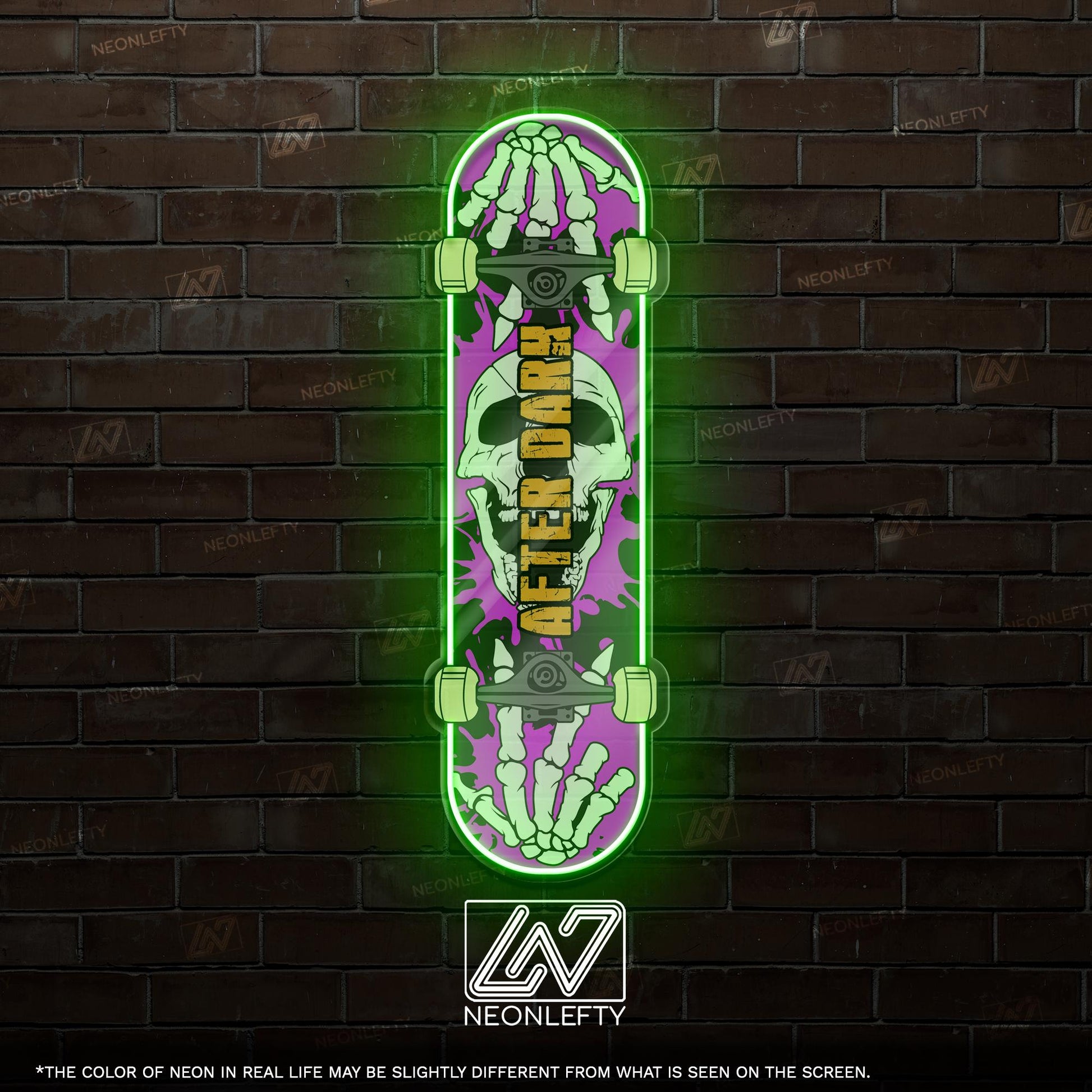 Skull Skateboard - LED Neon Sign with skeleton hands and skull theme, perfect for skate shops, teen rooms, game zones or alt-style spaces