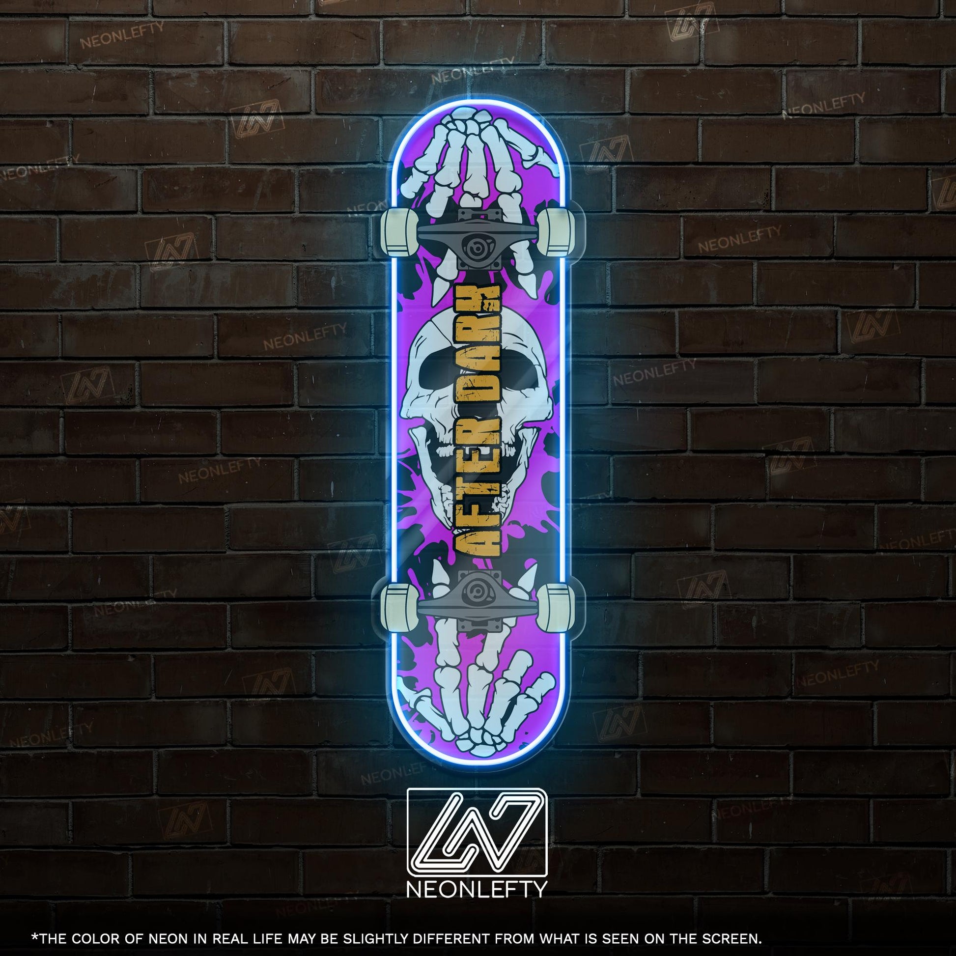 Skull Skateboard - LED Neon Sign with skeleton hands and skull theme, perfect for skate shops, teen rooms, game zones or alt-style spaces