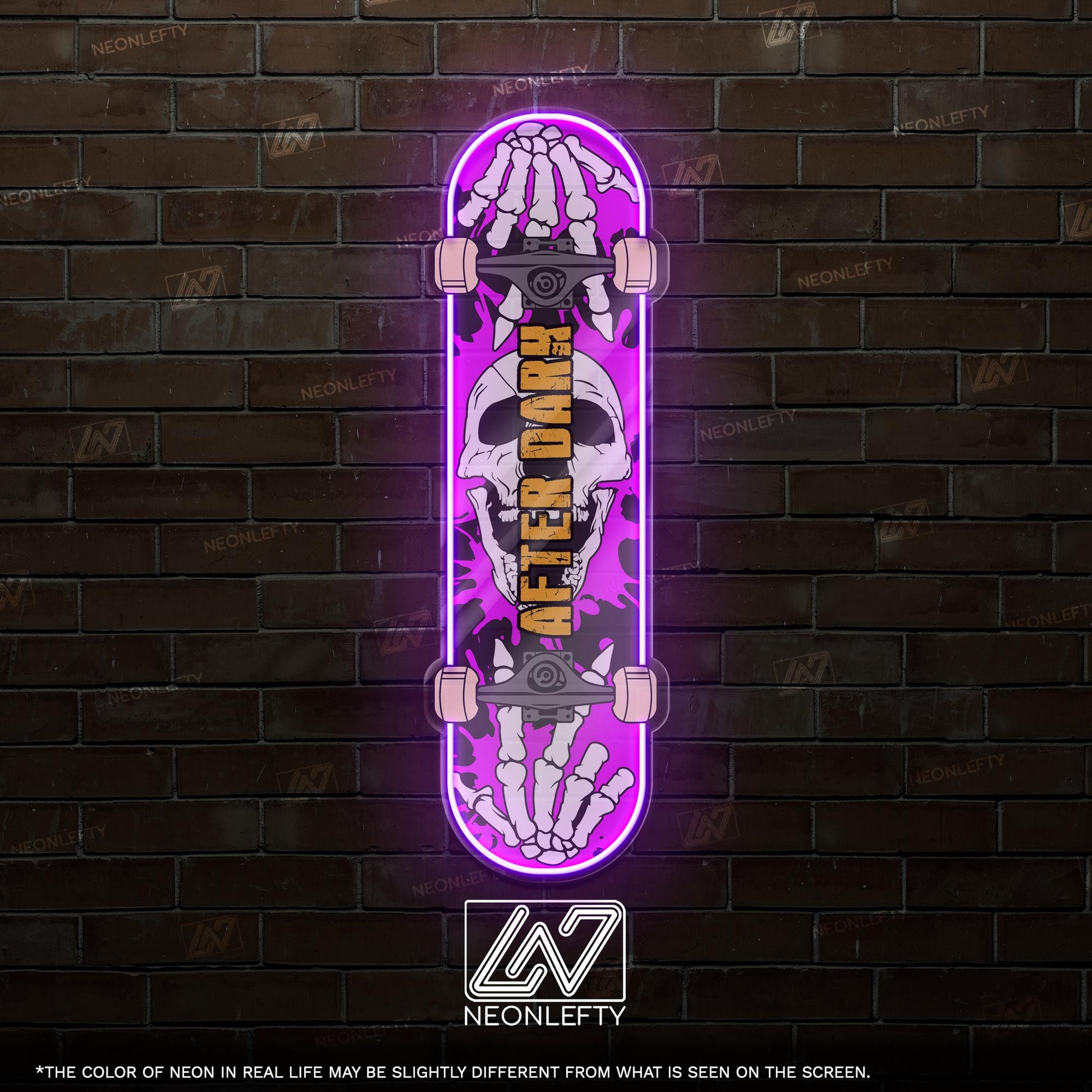 Skull Skateboard - LED Neon Sign with skeleton hands and skull theme, perfect for skate shops, teen rooms, game zones or alt-style spaces