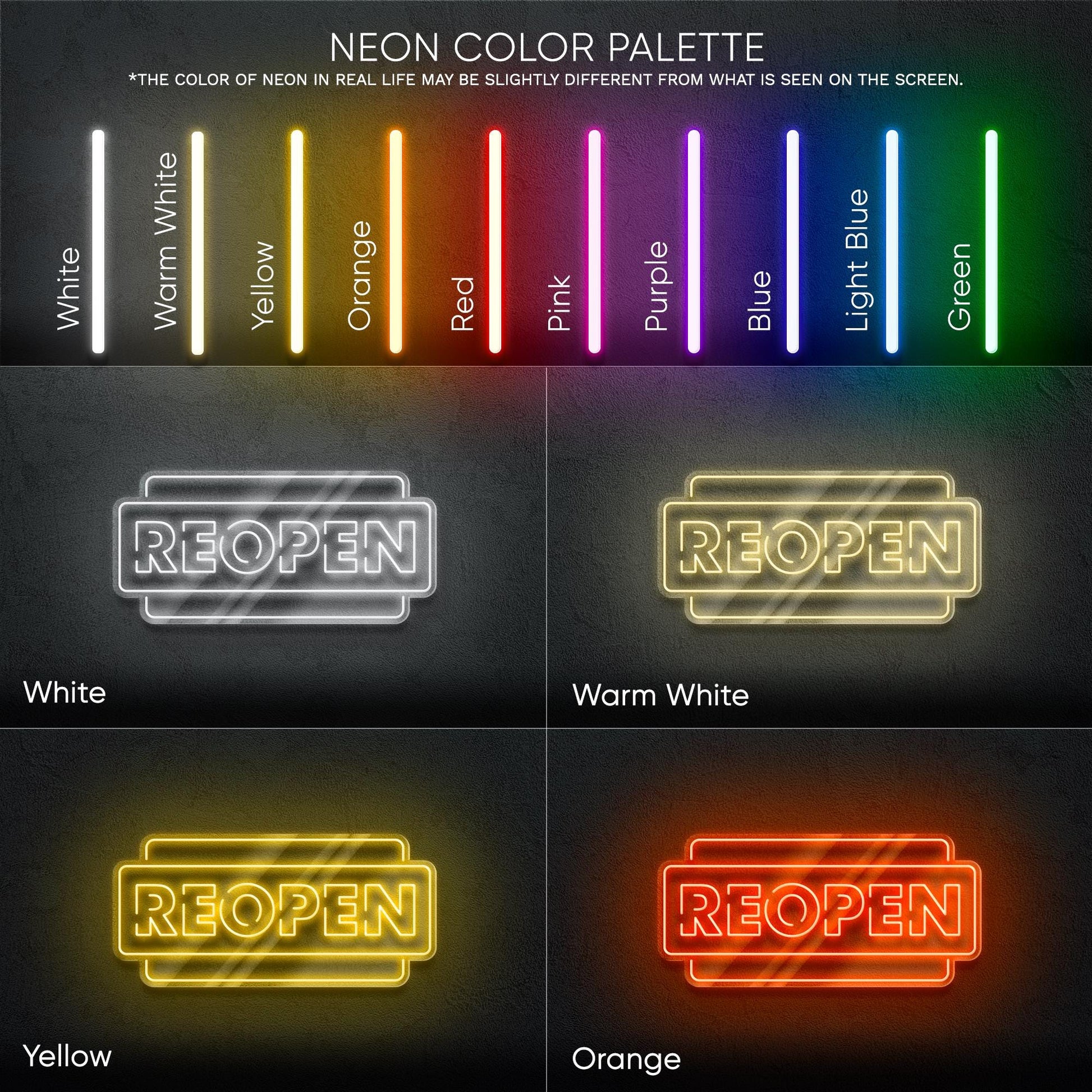 Reopen - LED neon sign for stores, salons, cafes or any business to announce reopening with bright, eye-catching and modern commercial decor