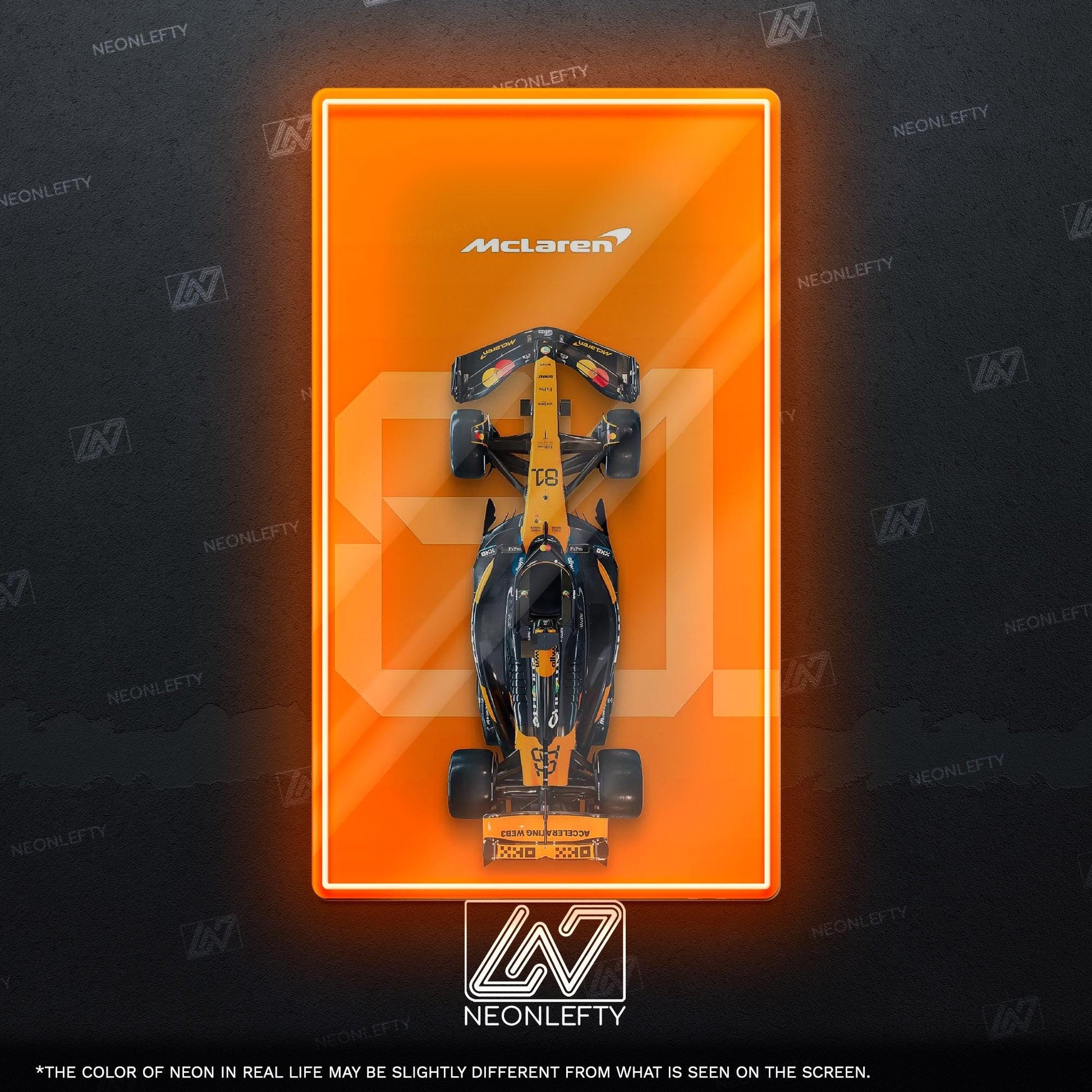 F1 McLaren Car - LED neon sign with top view race car design perfect for motorsport lovers, man caves, game rooms or Formula 1 themed decor