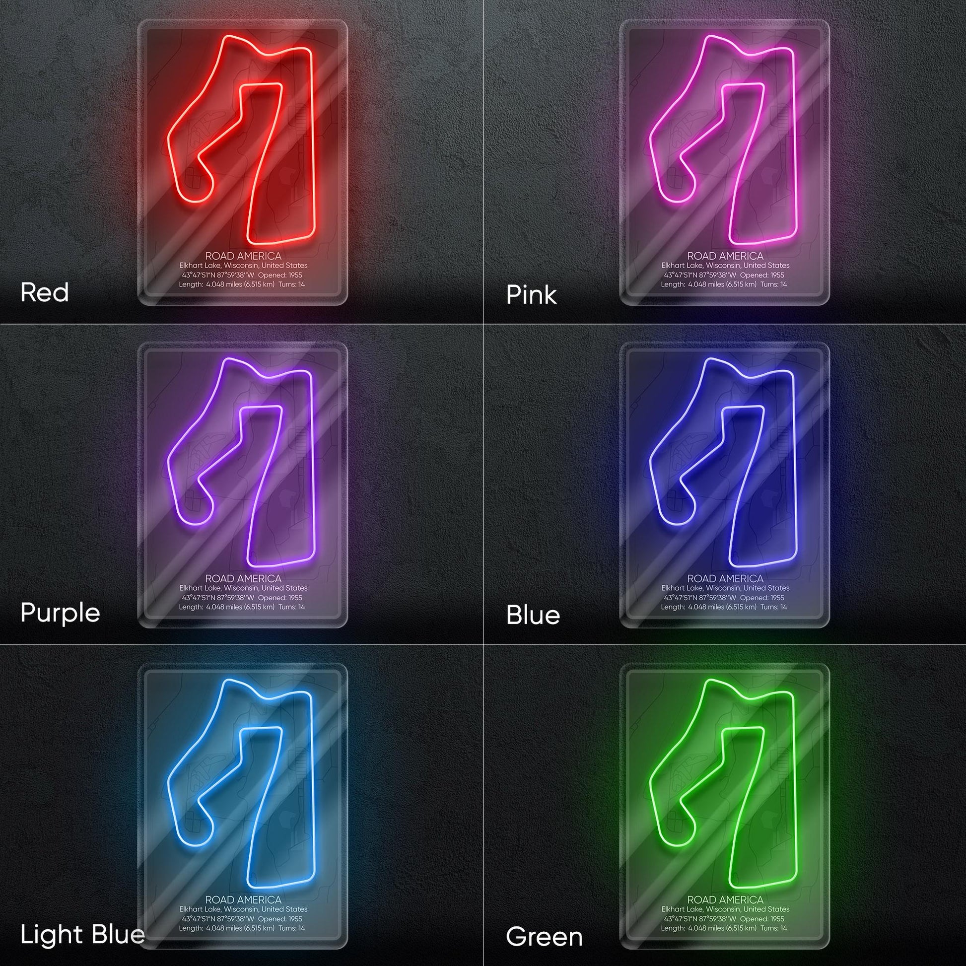 Road America Neon Sign - Classic American race track wall decor for motorsport fans, perfect for garage, man cave, racing-themed room