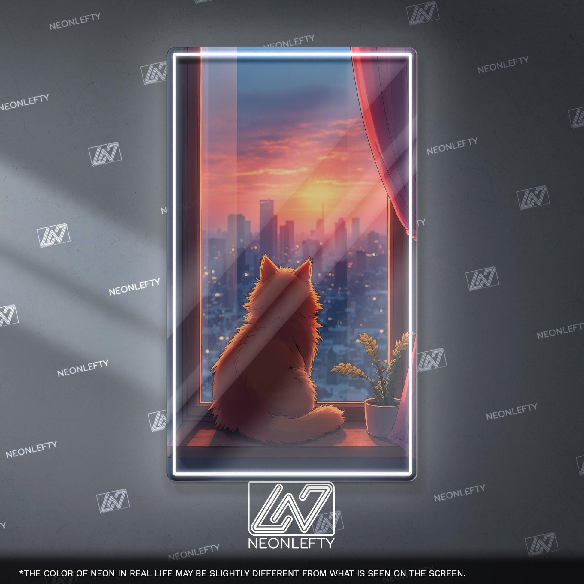 Cat Sunset Neon Sign - Cozy aesthetic cat wall decor with city view and sunset vibes, perfect for bedroom, living room, office