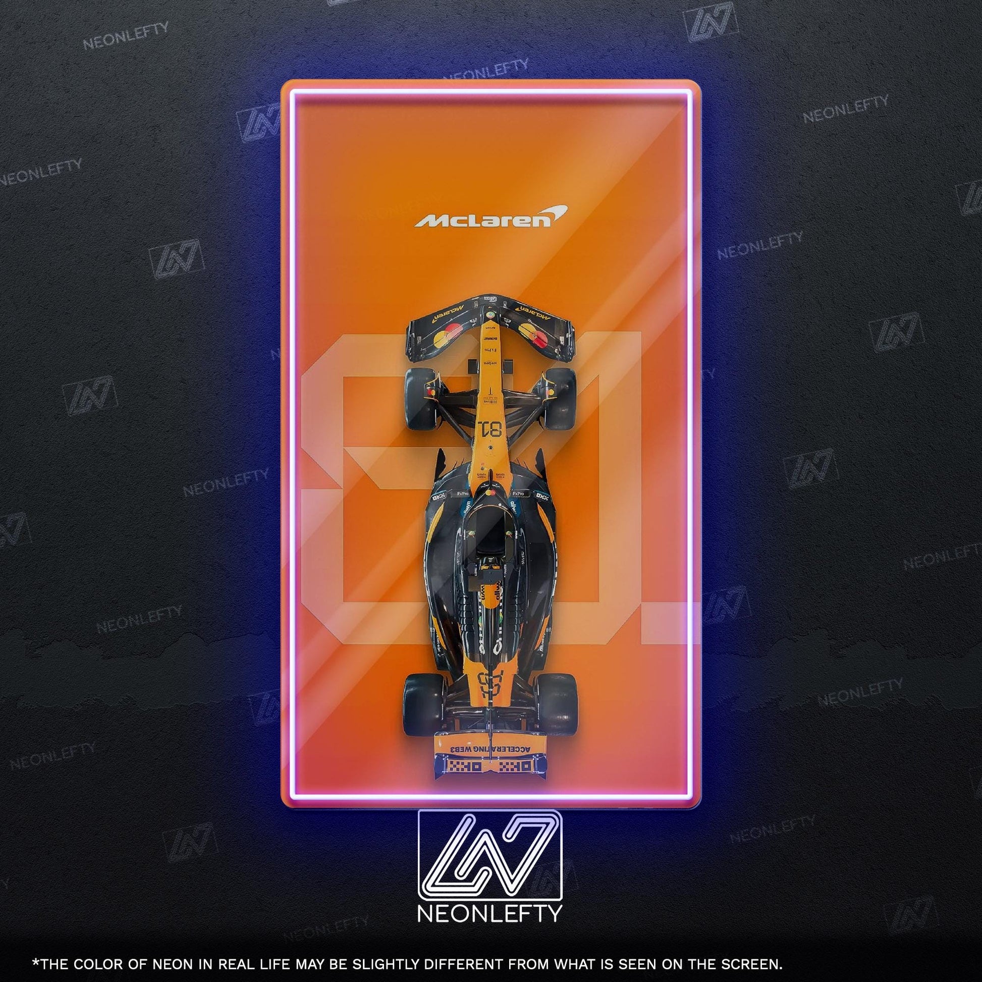 F1 McLaren Car - LED neon sign with top view race car design perfect for motorsport lovers, man caves, game rooms or Formula 1 themed decor